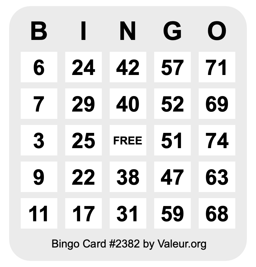 Bingo Card #2382 Bingo Card #2382