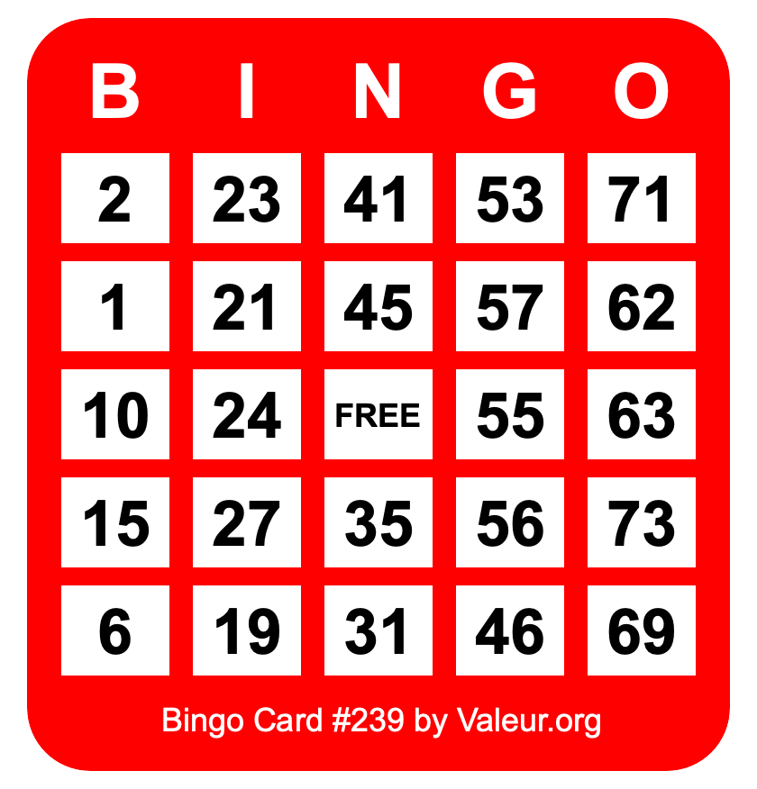 Bingo Card #239 Bingo Card #239