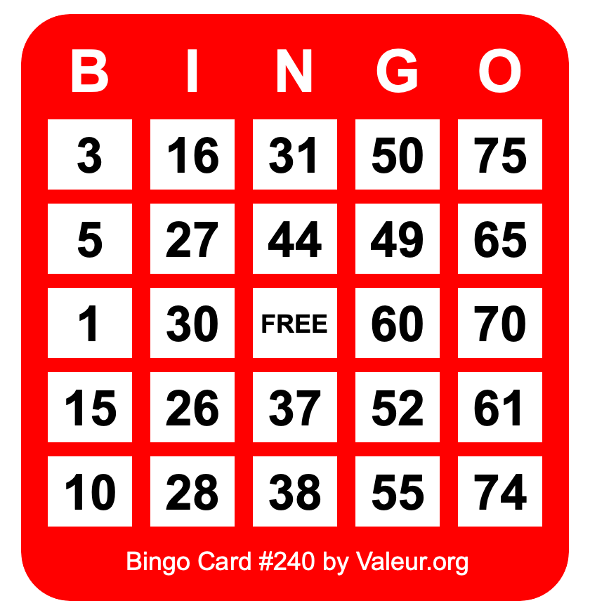 Bingo Card #240 Bingo Card #240