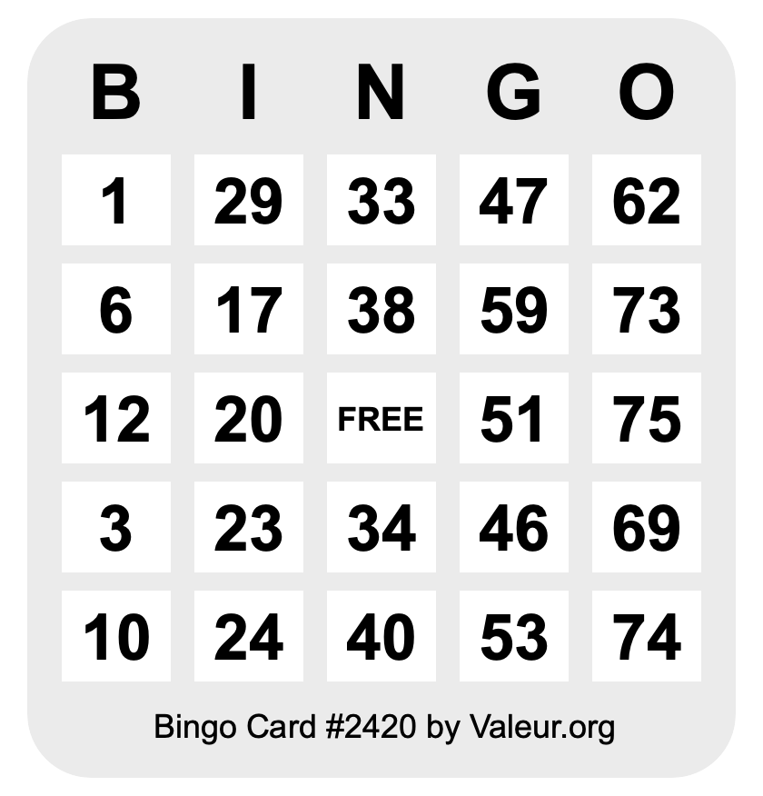 Bingo Card #2420 Bingo Card #2420