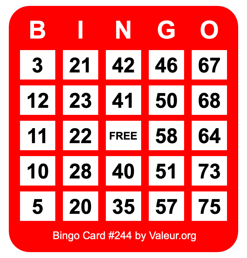 Bingo Card #244 Bingo Card #244