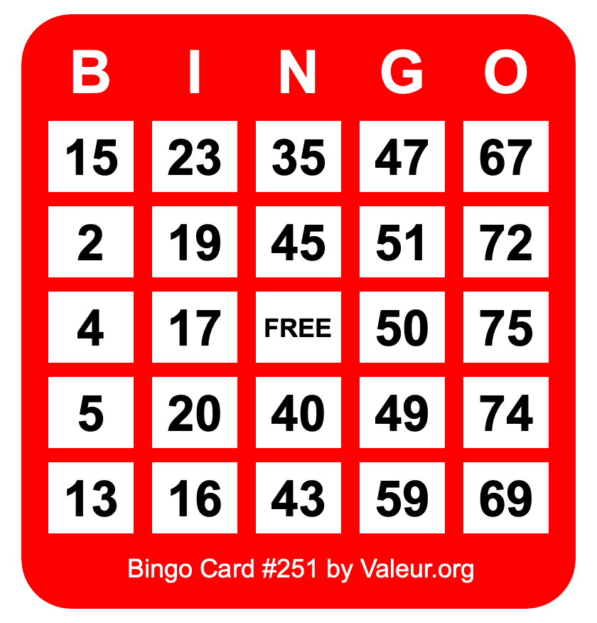 Bingo Card #251 Bingo Card #251