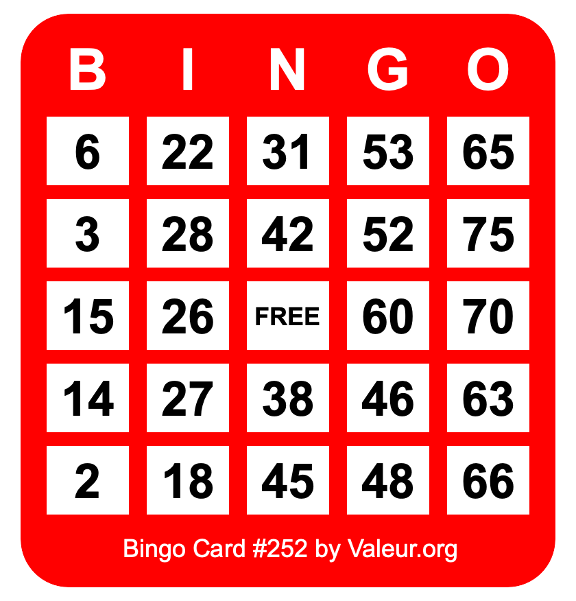 Bingo Card #252 Bingo Card #252