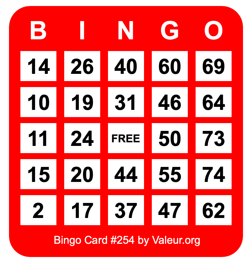 Bingo Card #254 Bingo Card #254