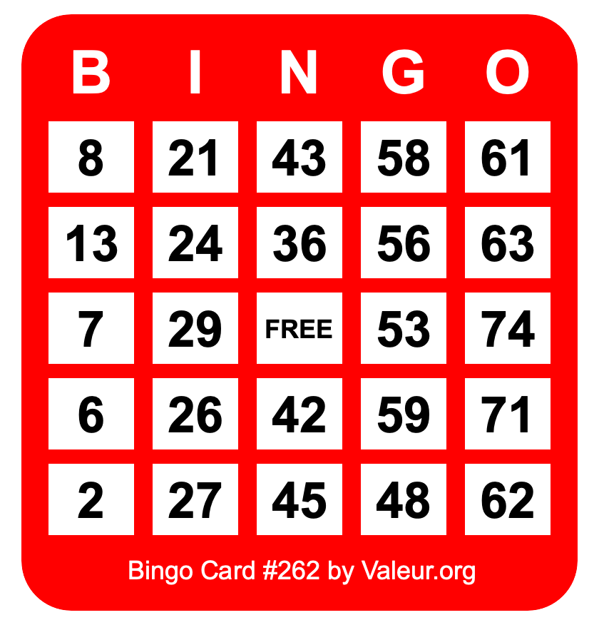 Bingo Card #262 Bingo Card #262