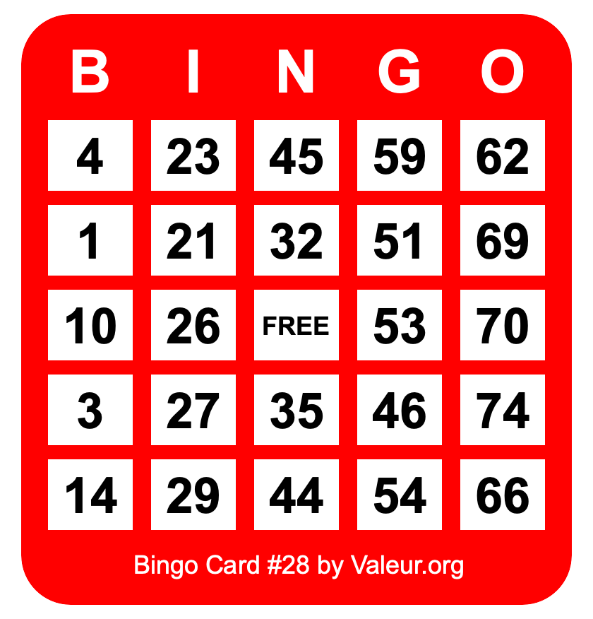 Bingo Card #28 Bingo Card #28