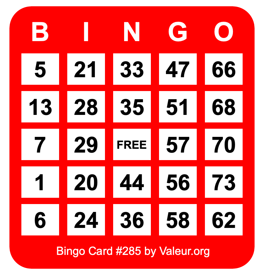 Bingo Card #285 Bingo Card #285