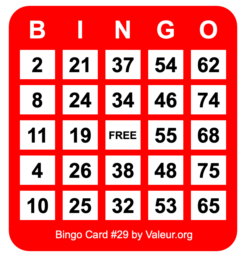 Bingo Card #29 Bingo Card #29