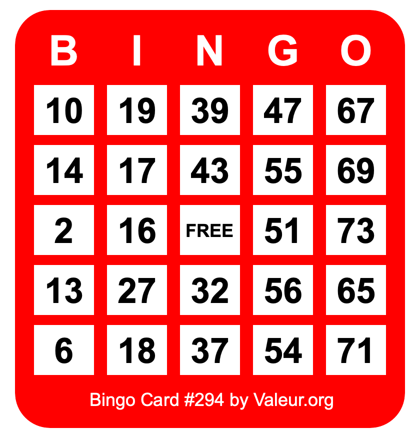 Bingo Card #294 Bingo Card #294