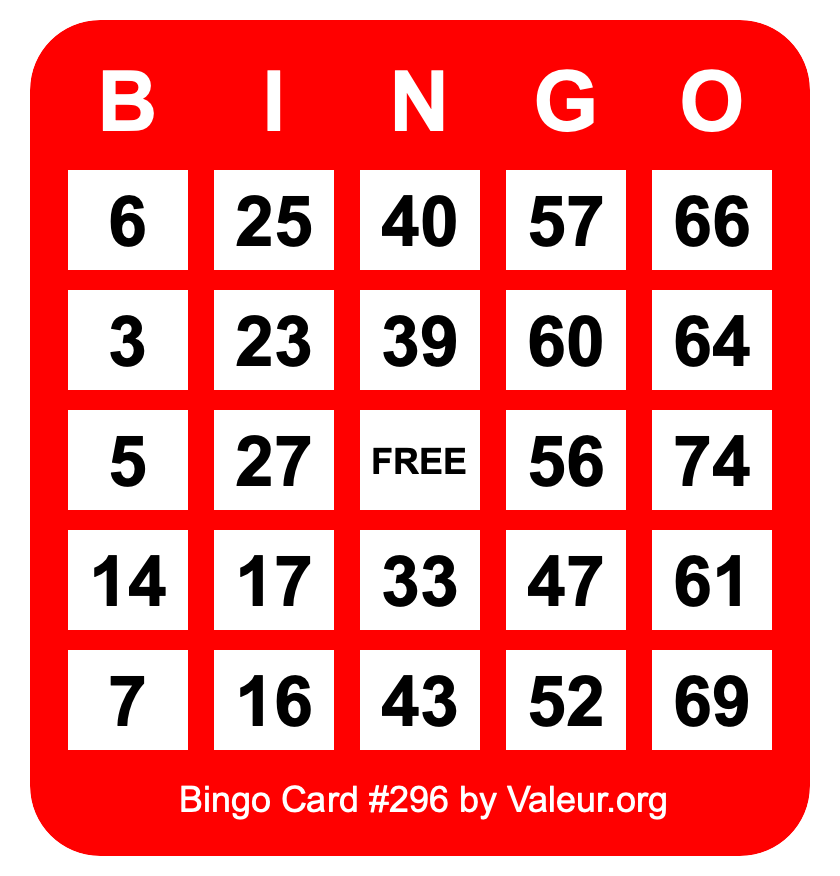 Bingo Card #296 Bingo Card #296