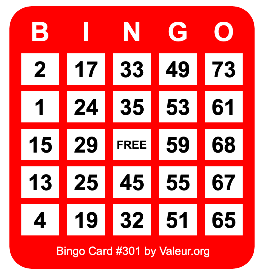 Bingo Card #301 Bingo Card #301