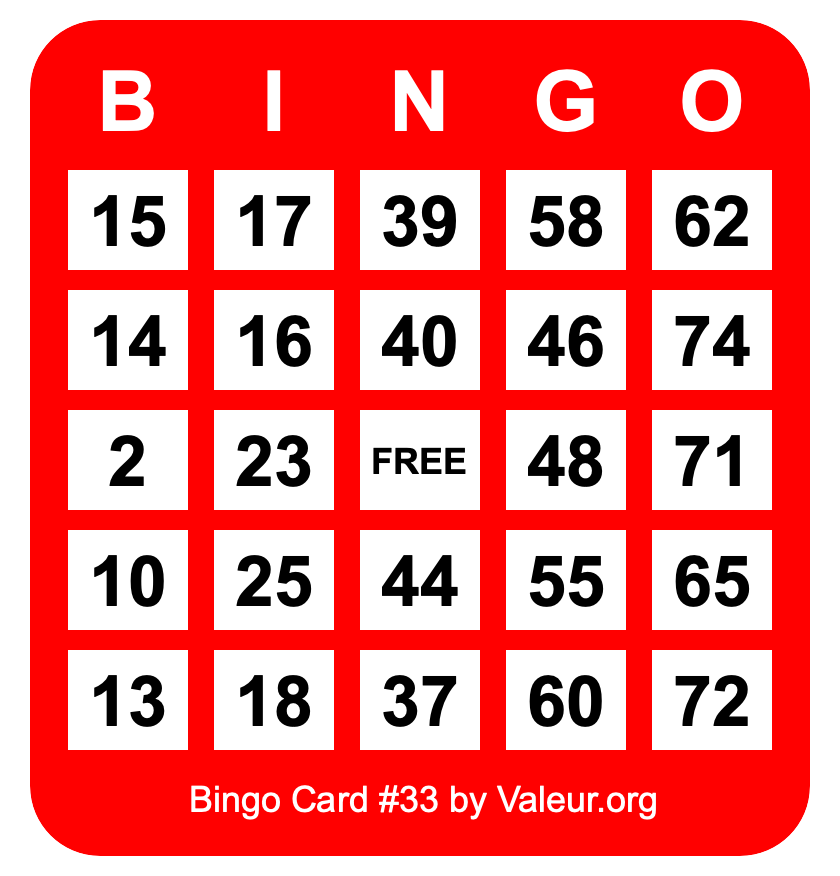 Bingo Card #33 Bingo Card #33