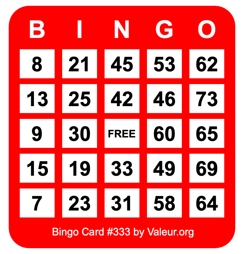 Bingo Card #333 Bingo Card #333