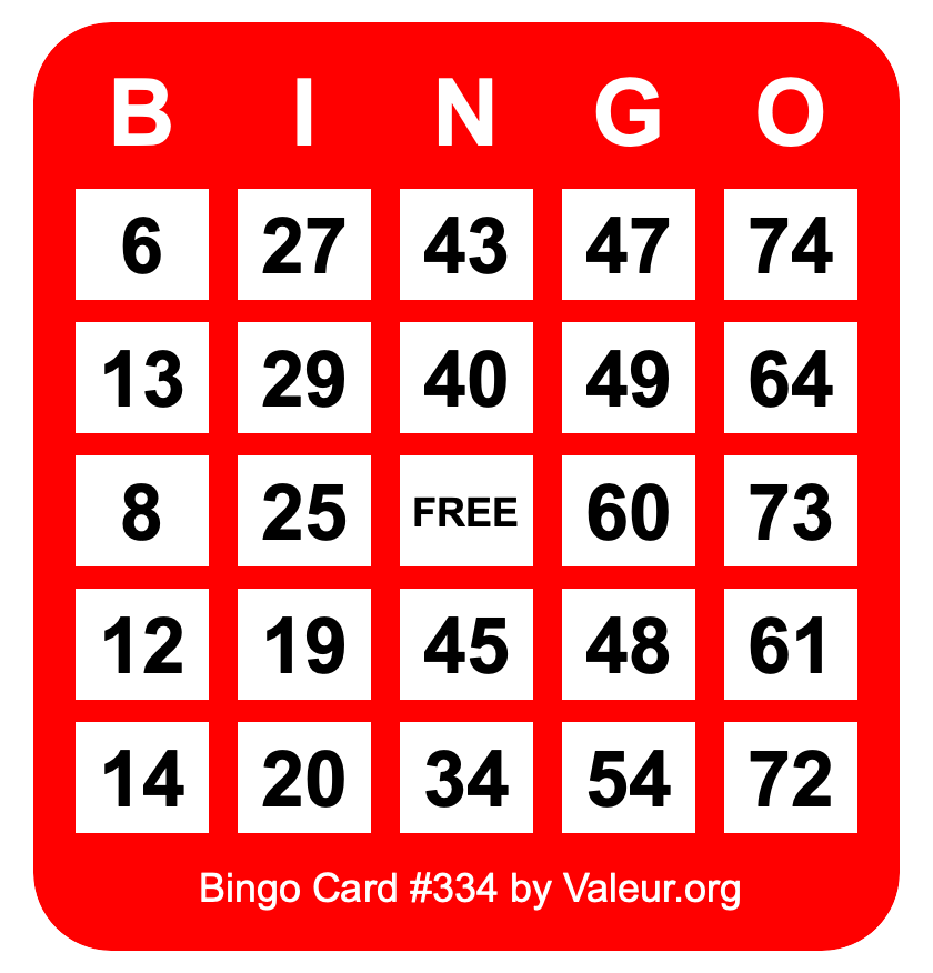 Bingo Card #334 Bingo Card #334