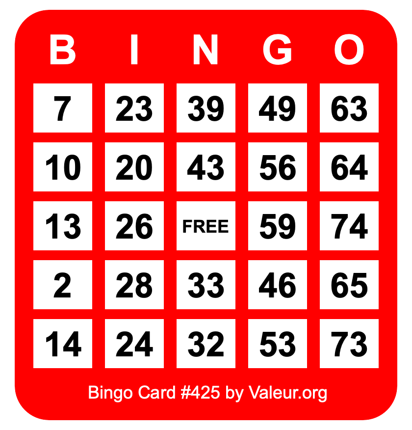 Bingo Card #425 Bingo Card #425