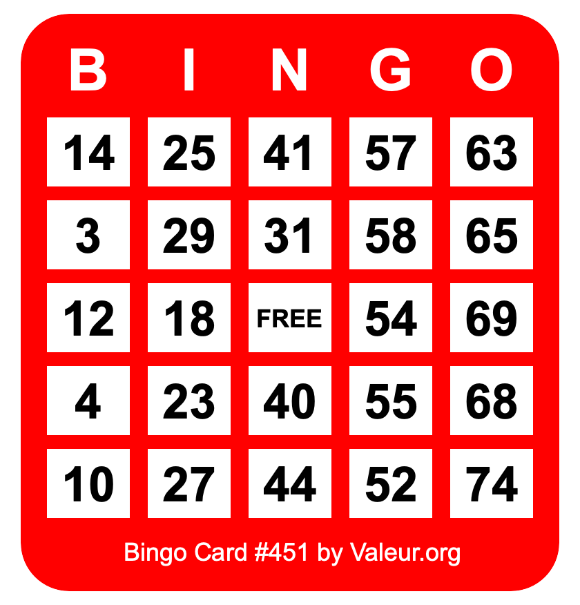 Bingo Card #451 Bingo Card #451