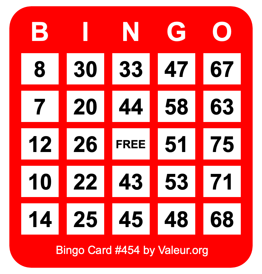 Bingo Card #454 Bingo Card #454