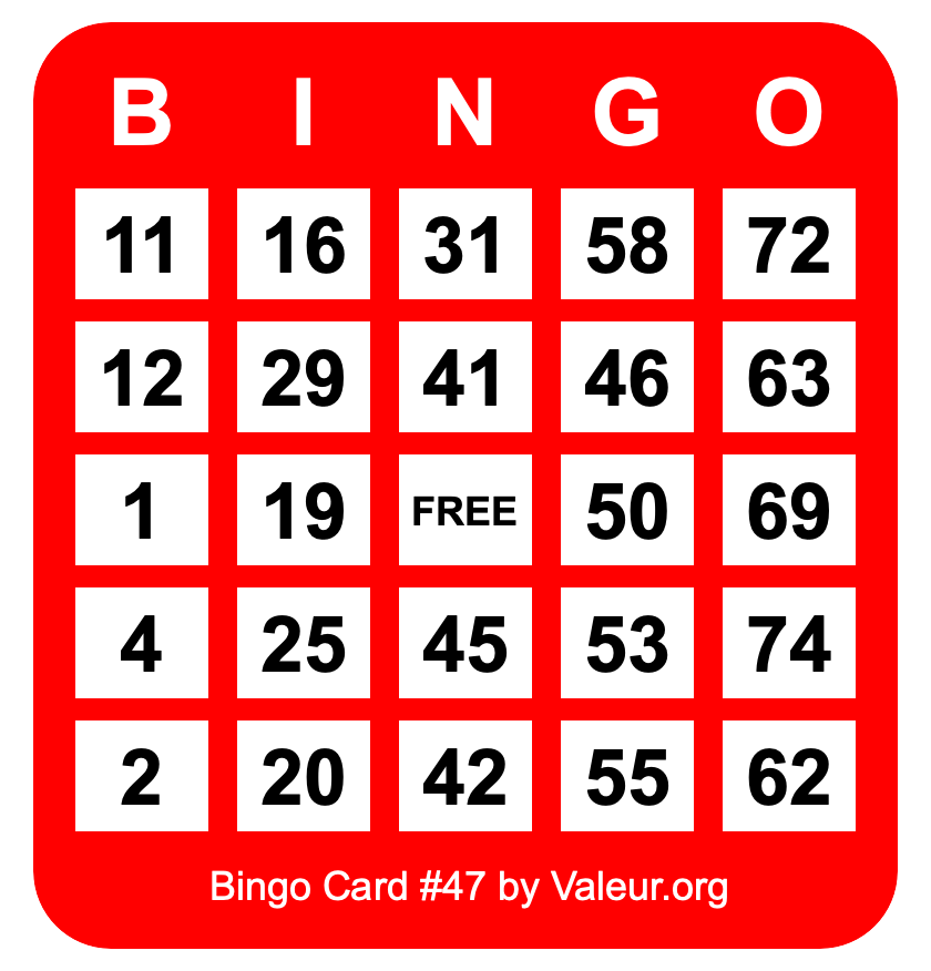 Bingo Card #47 Bingo Card #47