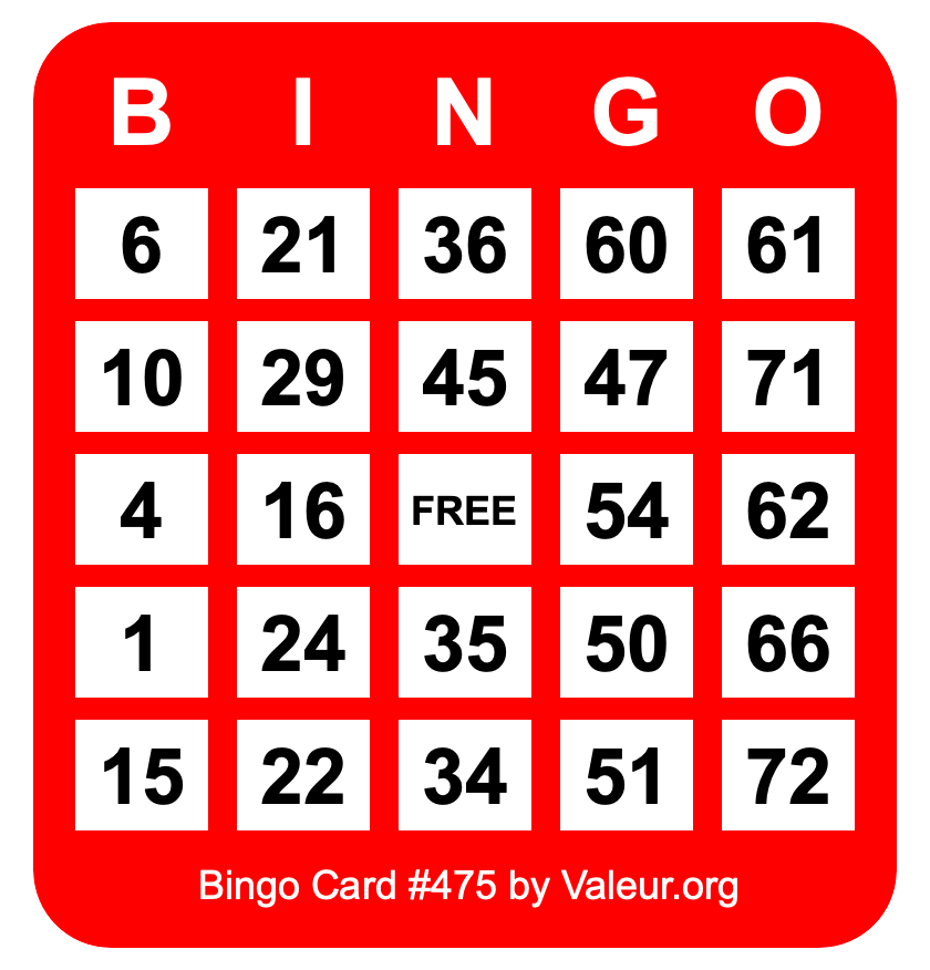 Bingo Card #475 Bingo Card #475