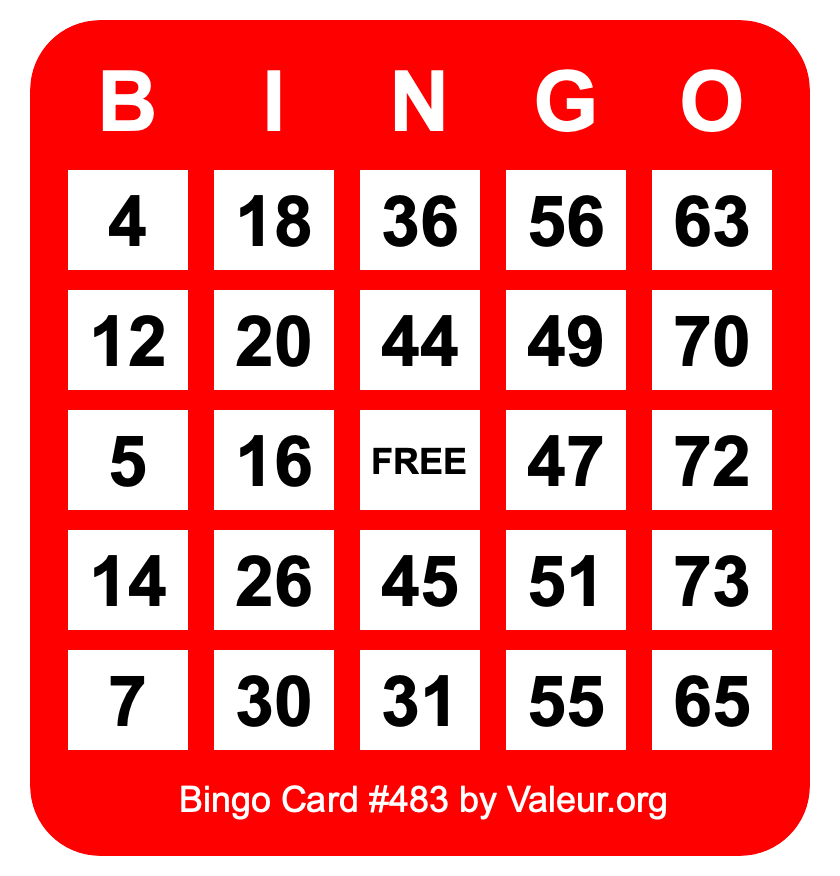 Bingo Card #483 Bingo Card #483