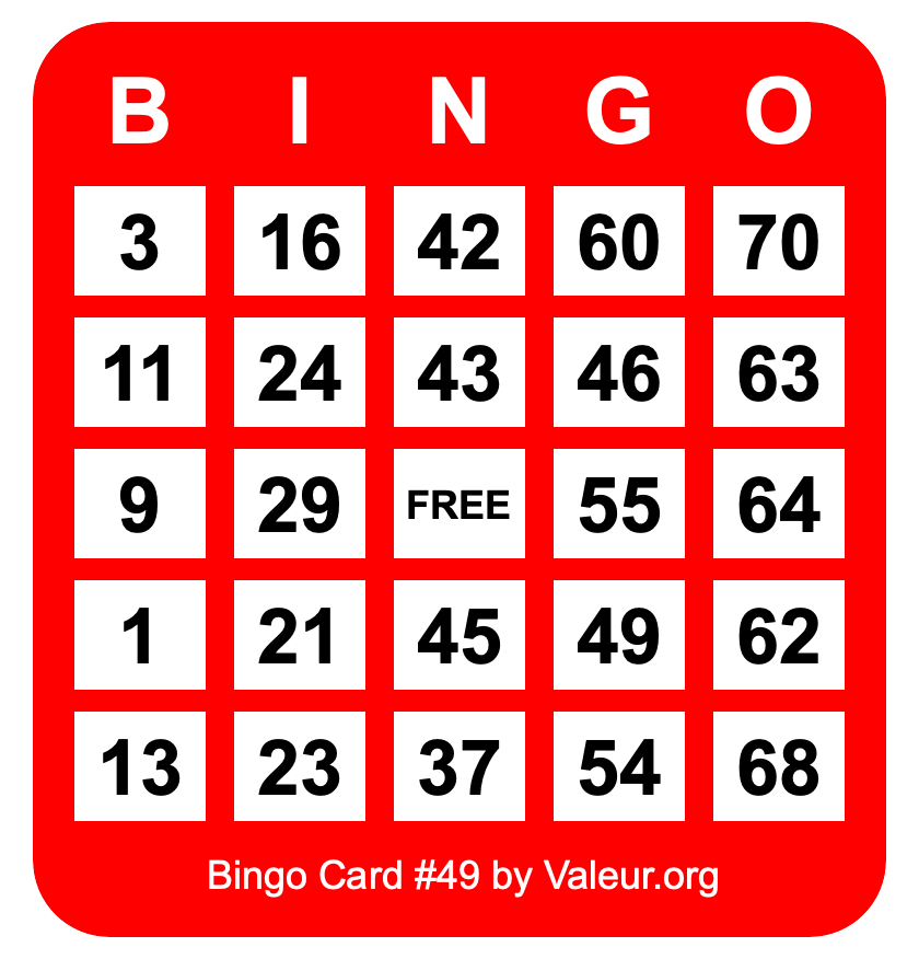 Bingo Card #49 Bingo Card #49