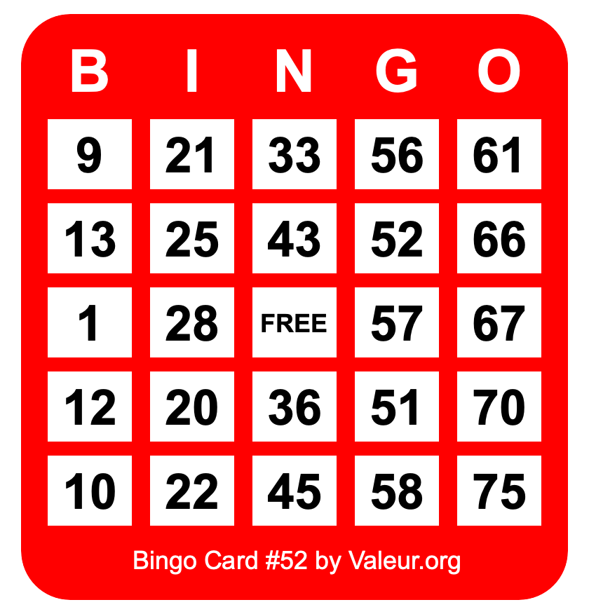 Bingo Card #52 Bingo Card #52