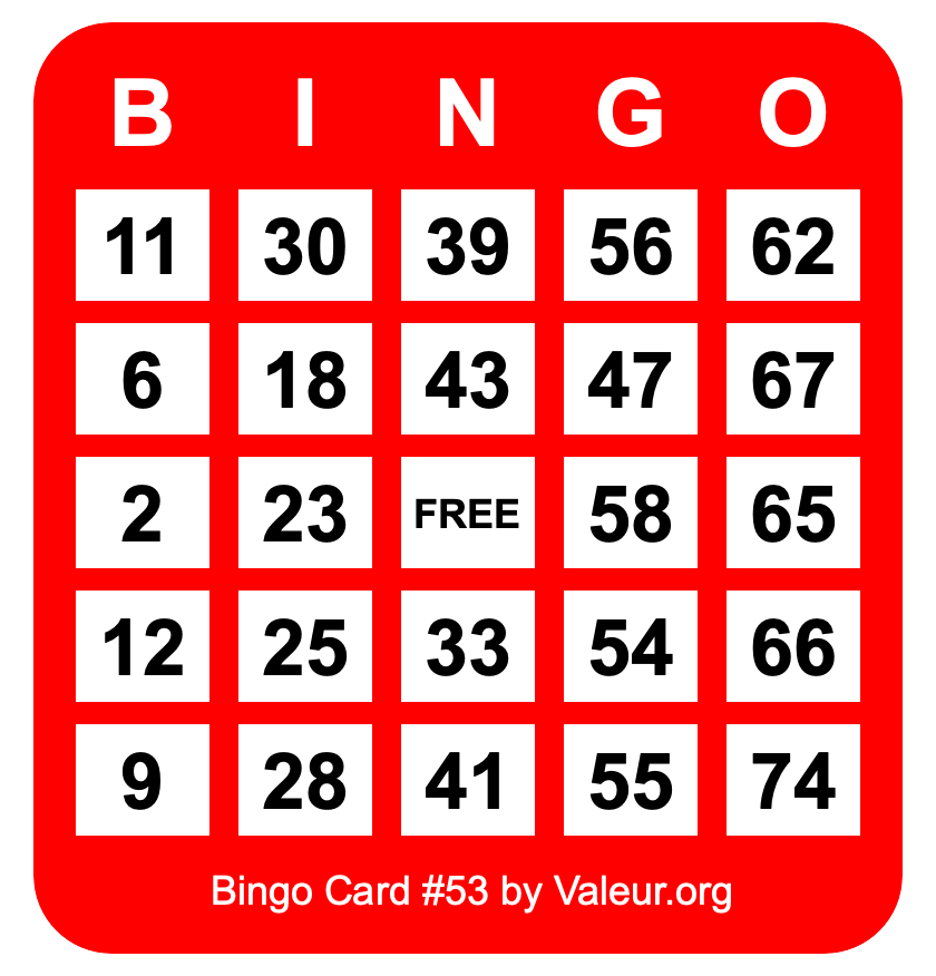 Bingo Card #53 Bingo Card #53