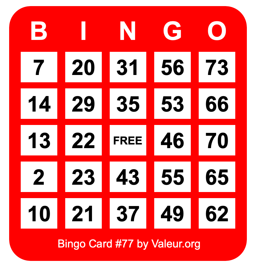 Bingo Card #77 Bingo Card #77