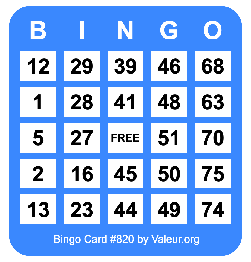Bingo Card #820 Bingo Card #820