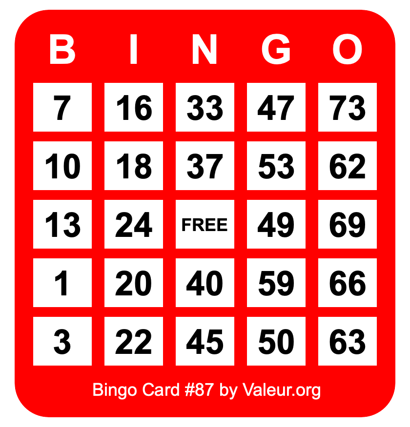 Bingo Card #87 Bingo Card #87