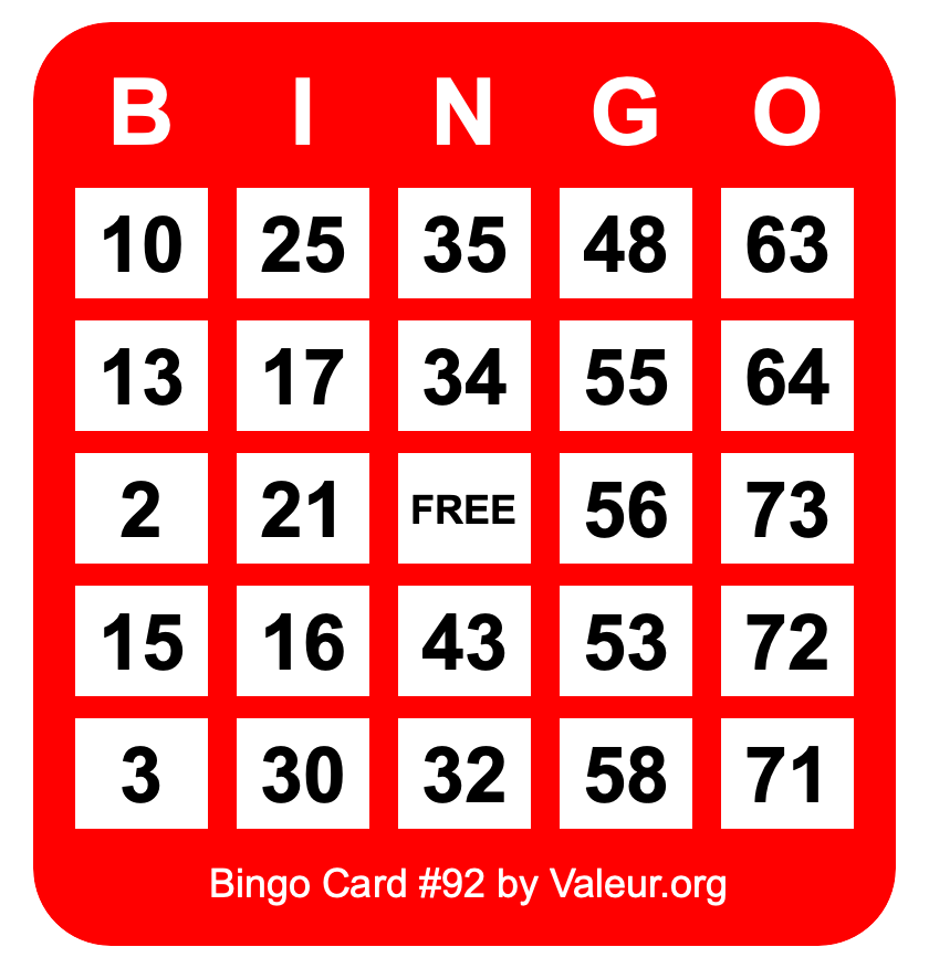 Bingo Card #92 Bingo Card #92