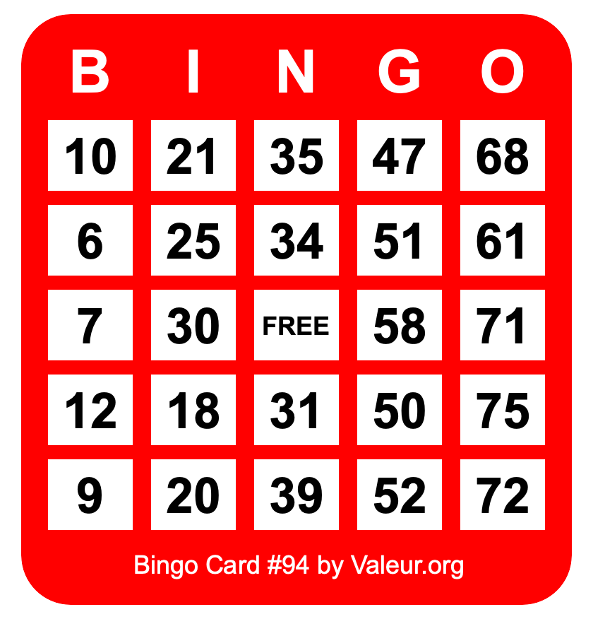 Bingo Card #94 Bingo Card #94