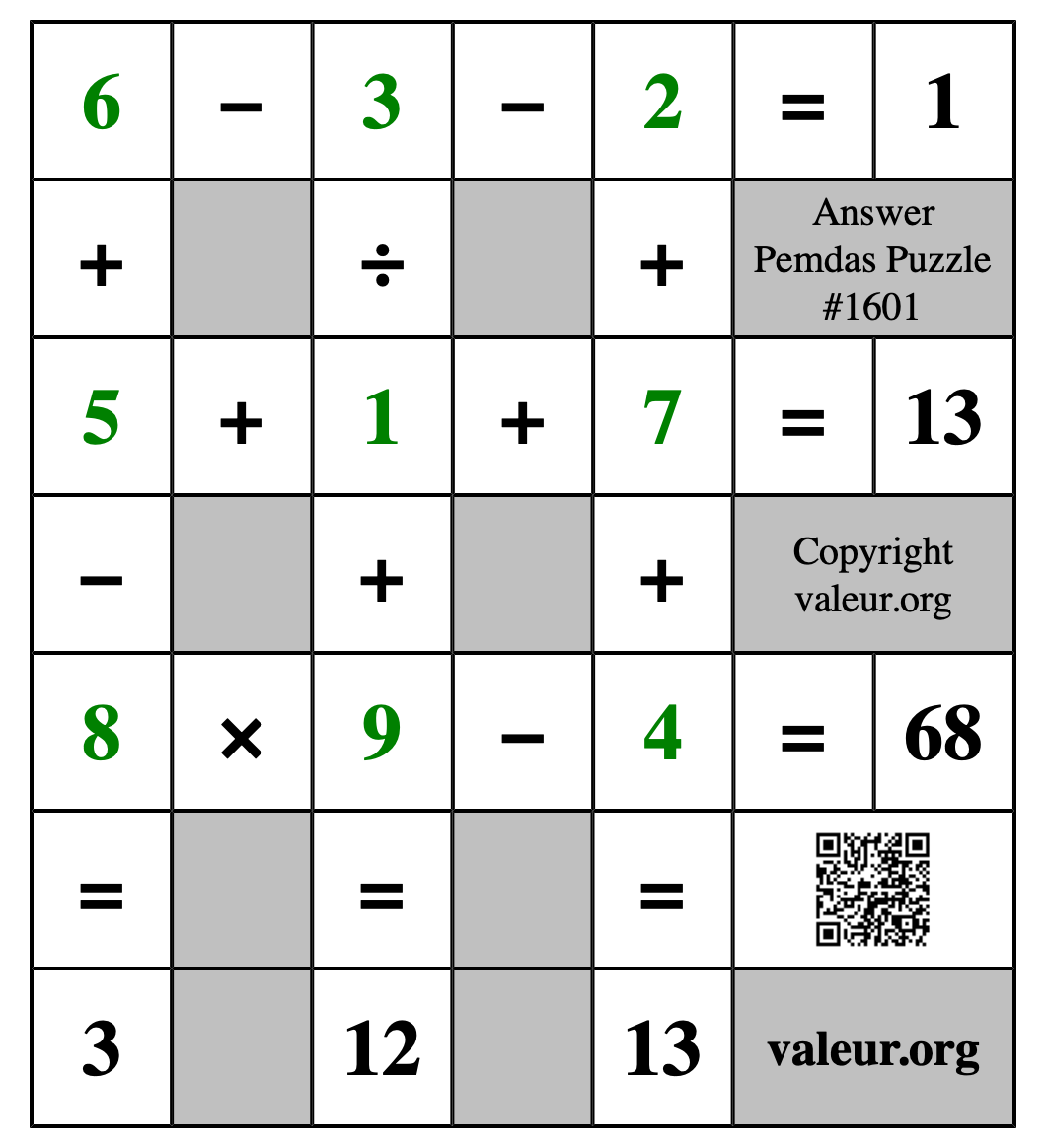 Solution to Pemdas Puzzle #1601