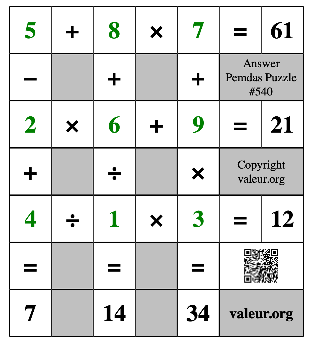 Solution to Pemdas Puzzle #540