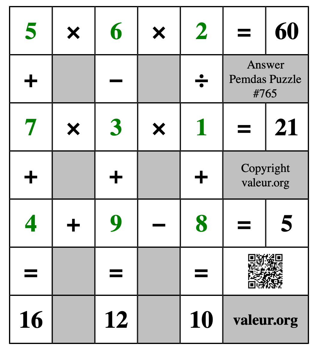 Solution to Pemdas Puzzle #765