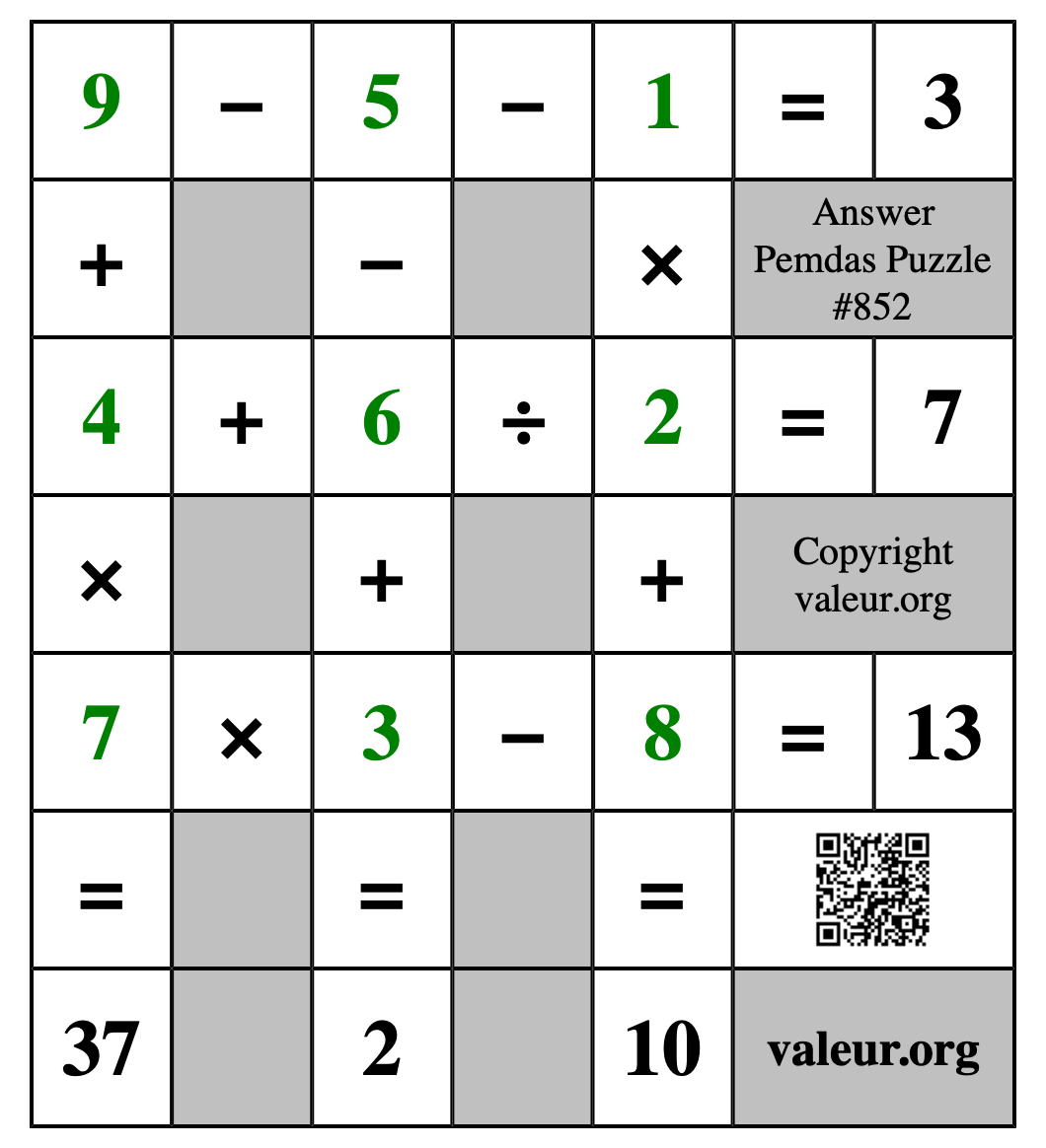 Solution to Pemdas Puzzle #852