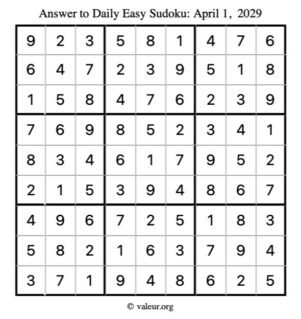 Answer to easy sudoku April 1, 2029