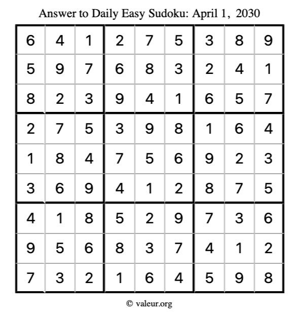 Answer to easy sudoku April 1, 2030