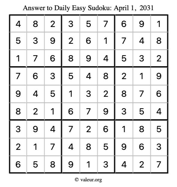 Answer to easy sudoku April 1, 2031