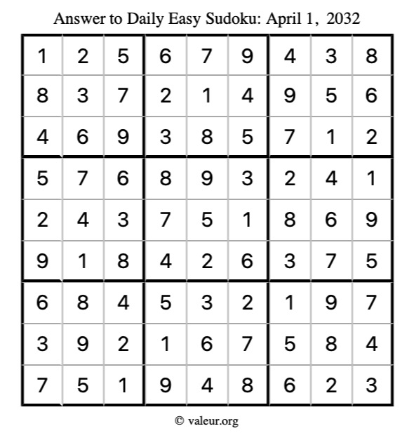 Answer to easy sudoku April 1, 2032