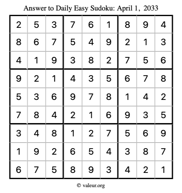 Answer to easy sudoku April 1, 2033