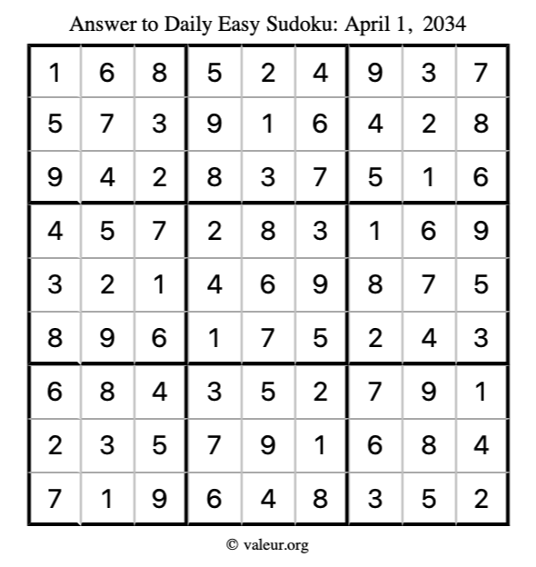 Answer to easy sudoku April 1, 2034