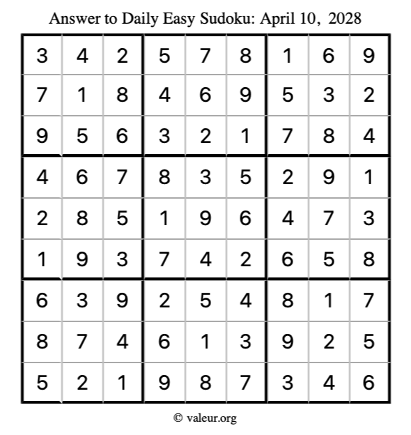 Answer to easy sudoku April 10, 2028