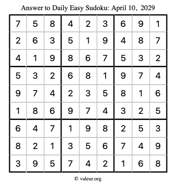 Answer to easy sudoku April 10, 2029