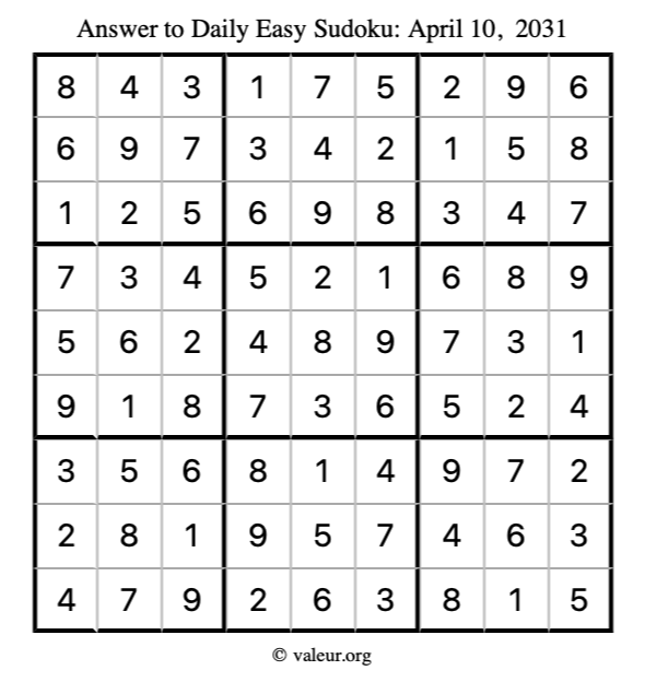 Answer to easy sudoku April 10, 2031