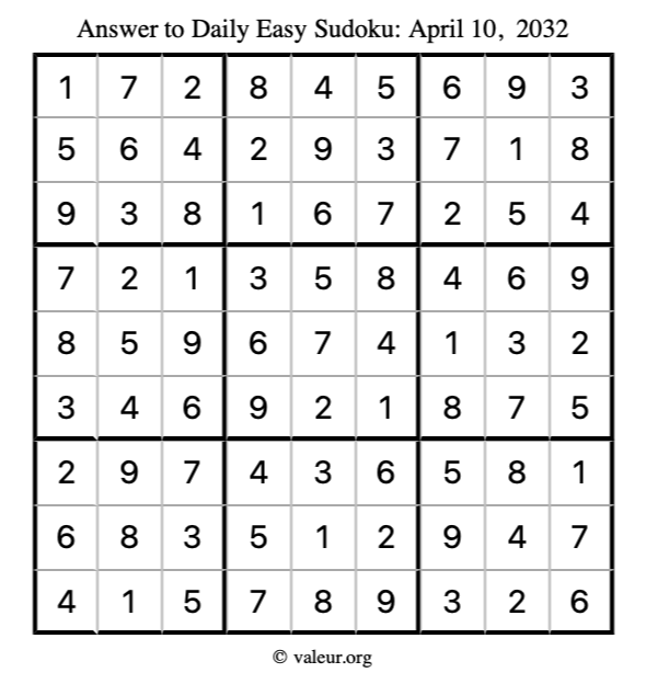 Answer to easy sudoku April 10, 2032