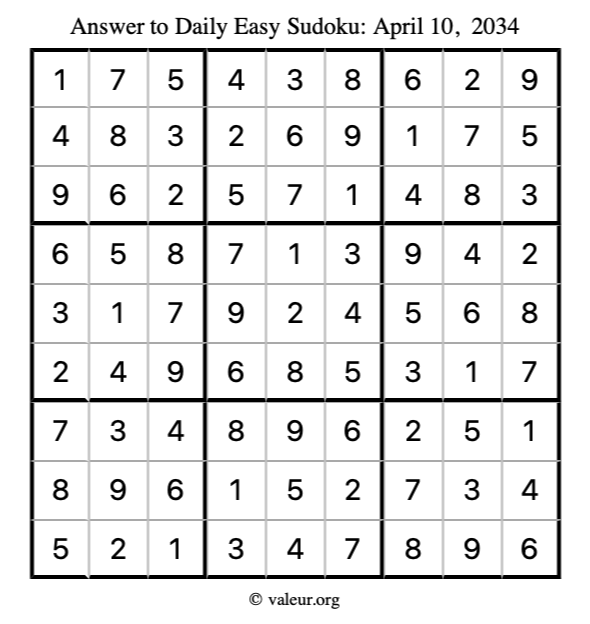 Answer to easy sudoku April 10, 2034