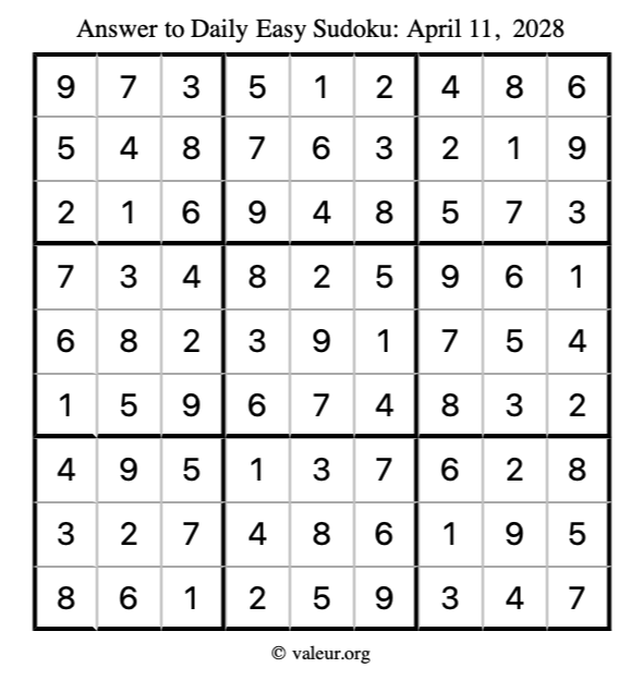 Answer to easy sudoku April 11, 2028