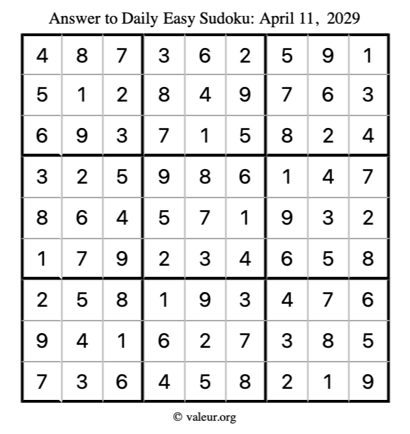 Answer to easy sudoku April 11, 2029