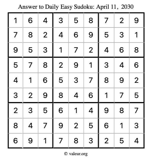 Answer to easy sudoku April 11, 2030